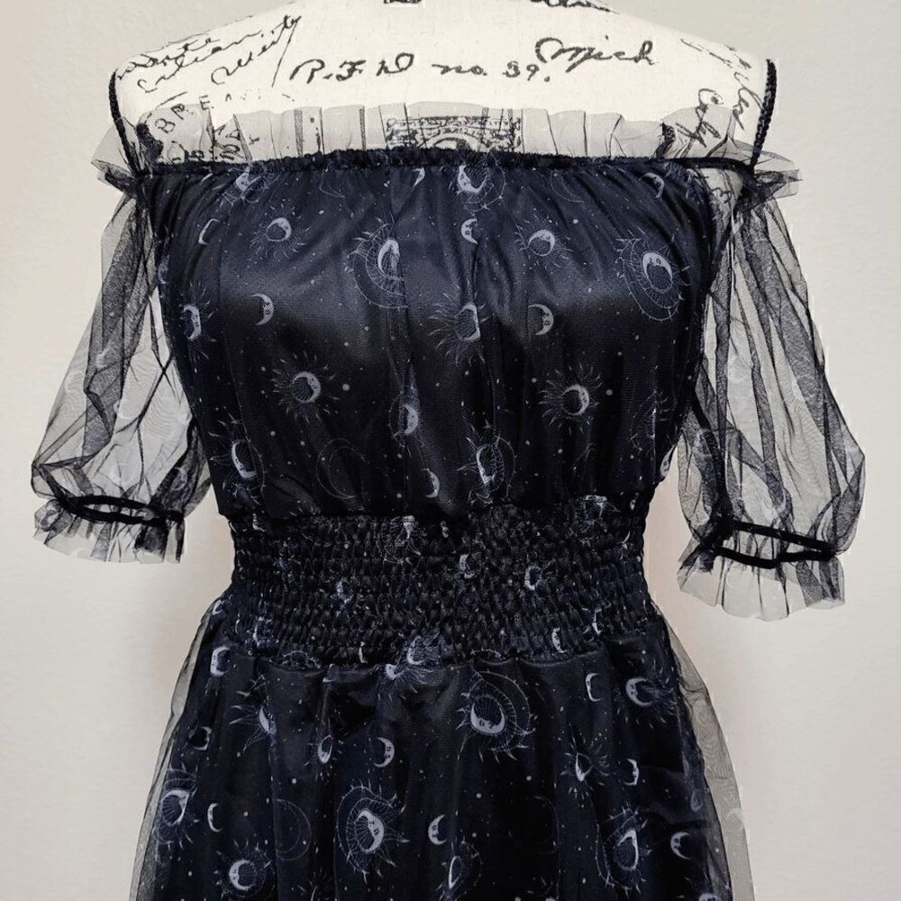 Off Shoulder Goth Witch Moon Print Contrast Mesh Flared Shirred Dress L NWT - Picture 4 of 16